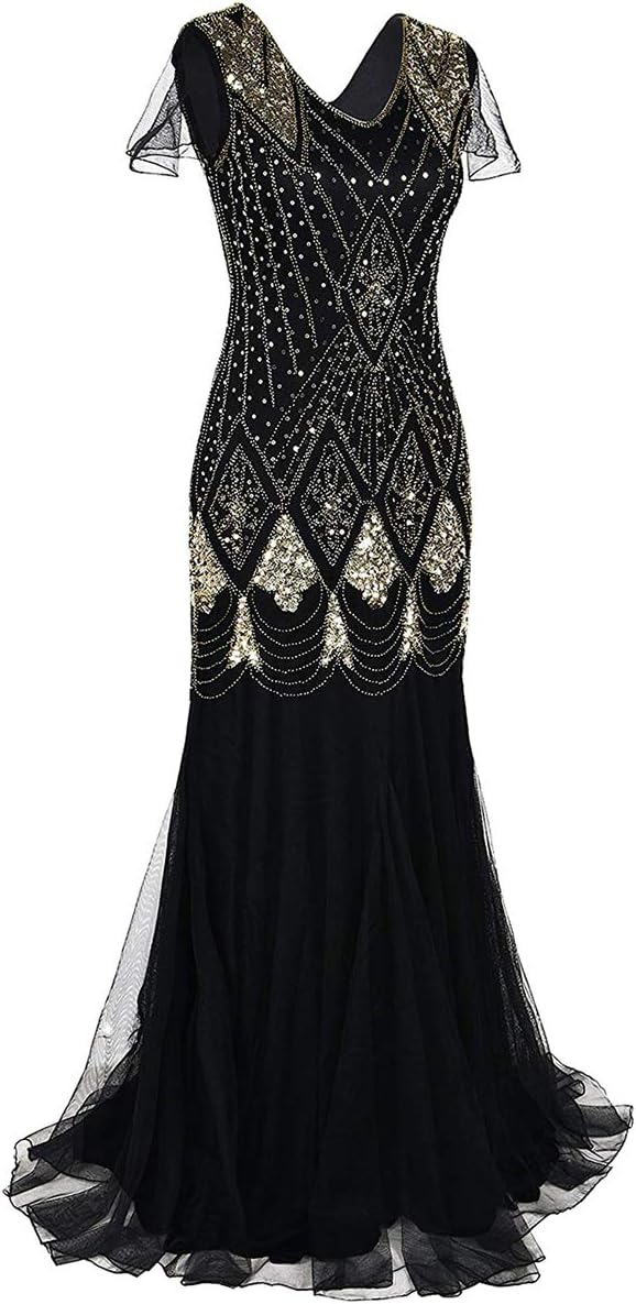 Women Vintage 1920s Gatsby Flapper Evening Party Dress V Neck Art Deco Sequins Mermaid Hem Cocktail Formal Long Maxi Gown