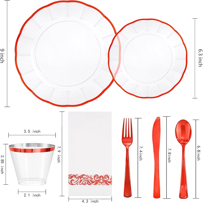 LIYH 700 Pcs Red Plastic Dinnerware Set for 100 Guests, Disposable Plastic Wavy Red Plates Include Dinner & Dessert Plates,Napkins,Cups,Cutlery for Party Valentine's Day and Mother's Day 100 Guests