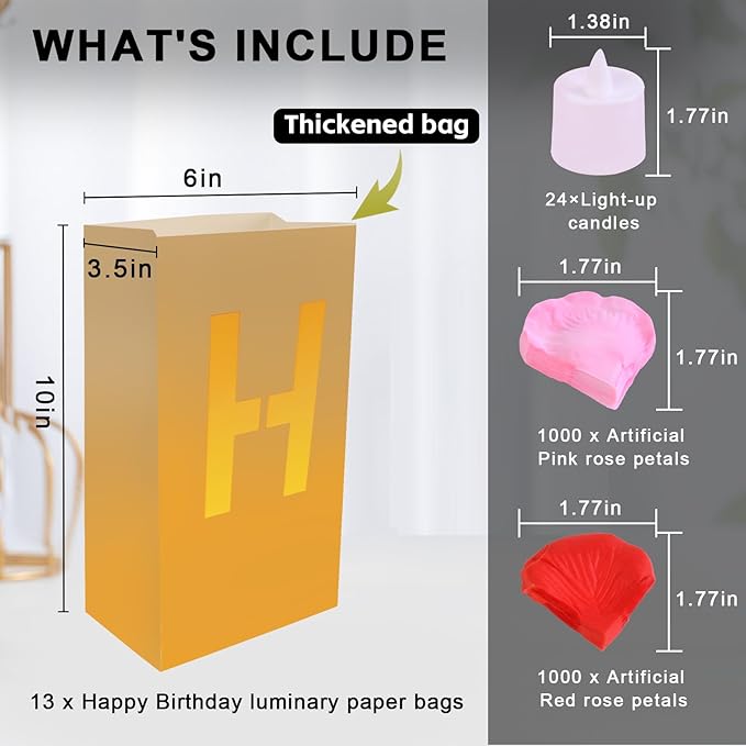 Happy Birthday Decorations for Women Men Girls Light Up Sign Luminary Bags Letters with 2000PC Rose Petals and Candles kit, Happy Birthday Banner for Room Party Decorations, Surprise Gifts Banner