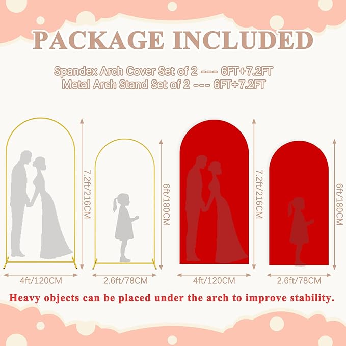 Wedding Arch Backdrop Stand Set of 2 with Cover (7.2FT, 6FT) Gold Metal Balloon Arch Stand Stable Frame Red Arches Cover Chiara Arch Backdrop Stands Cover for Birthday Party Banquet Event Decor