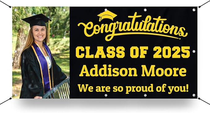 Personalized Graduation Photo Vinyl Banner Sign - Class of 2025 Custom Photo and Name - Milweb1 - Black/Yellow - 5'x10'