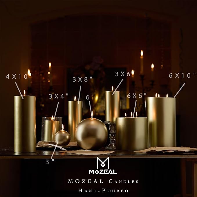 MOZEAL 4" x 12" Extra-Large Gold Pillar Candles (Set of 2), Unscented,Dripless, Smokeless,Long Clean-Burning,These Tall 12 inch Large Gold Pillar Candles Perfect for Weddings and Christmas Decor