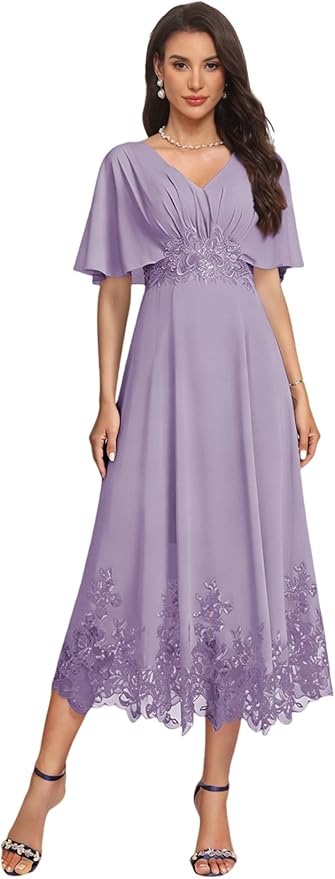 Tea Length Mother of The Bride Dress with Sleeves Laces Formal Evening Gowns for Wedding V Neck Wedding Guest Gown ZMX37