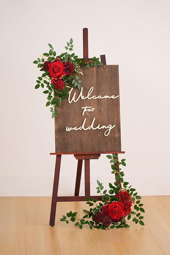 2pcs Burgundy & Red Deluxe Welcome Sign Artificial Flowers Wedding Backdrop Garland Hanging Floral Arrangements for Ceremony Reception Entryway Board Sweetheart Table