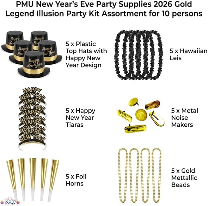 PMU New Year's Eve Party Supplies New Year's Eve Decorations Supplies, 2026 Gold Legend Illusion Party Kit Assortment for 10 Persons - Outfits for Adults, Men and Women (10/psn) Pkg/1