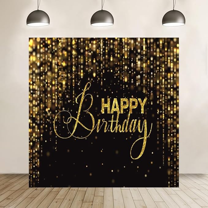 Happy Birthday Backdrop for Photography 8x8ft Luxury Black and Gold Birthday Party Backdrop Background Banner Bokeh Glitter Men Birthday Party Decorations Supplies Wallpaper Studio Props
