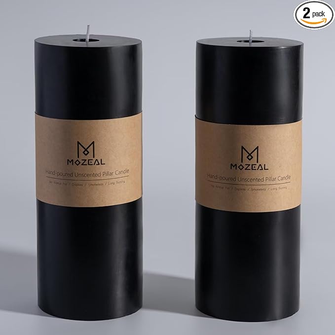 MOZEAL 4" x 10" Extra-Large Black Pillar Candles (Set of 2), Unscented,Dripless, Smokeless,Long Clean-Burning,These Tall 10 inch Large Black Pillar Candles Perfect for Halloween and Fall Decor