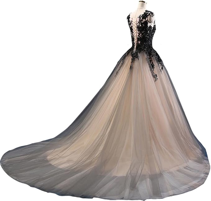 Kivary Gothic Gray Tulle Long Black Lace Sheer Bateau Prom Wedding Dresses