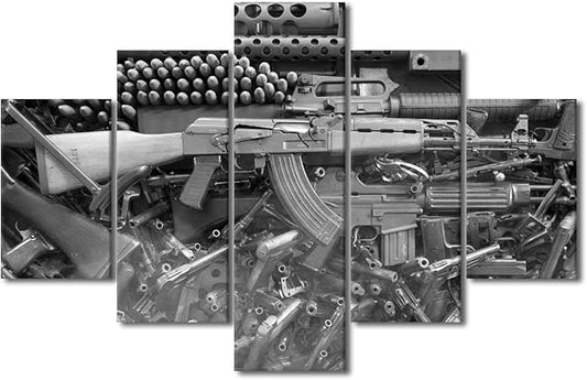 Large Modern Damaged Weapon Gun Black and White Wall Art Home Decor Canvas Painting for Living Room Prints and Poster HD Pictures Office Wall Decoration Stretched and Framed 5 Piece(60" Wx40 H)