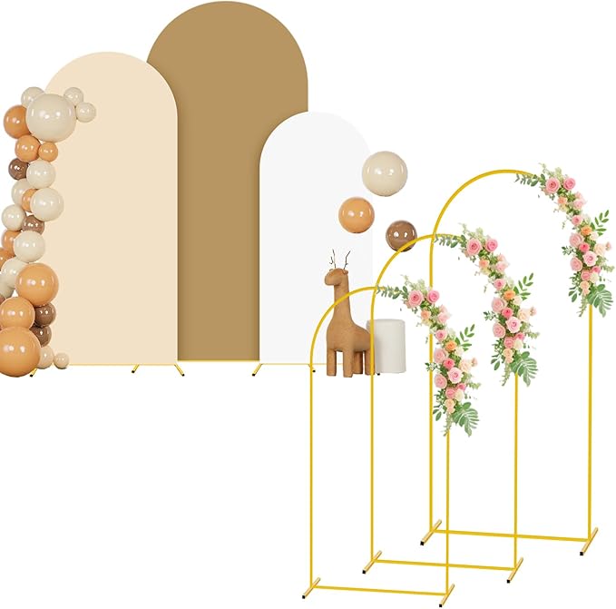 6FT 6.6FT 7.2FT Arch Stand and Cover Set of 3 Brown Arch Backdrop Covers for Balloon Arch Stands Birthday Party Decor Metal Arch Stand with Beige Cover for Wedding Baby Shower Decorations