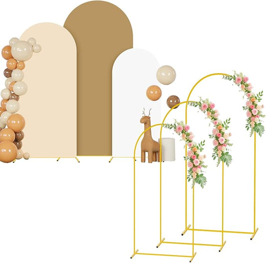 6FT 6.6FT 7.2FT Arch Stand and Cover Set of 3 Brown Arch Backdrop Covers for Balloon Arch Stands Birthday Party Decor Metal Arch Stand with Beige Cover for Wedding Baby Shower Decorations