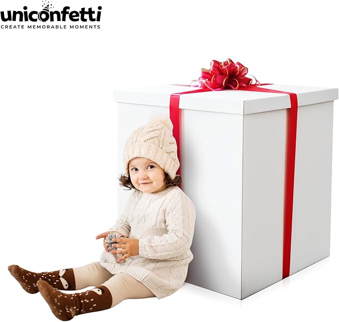 Giant Gift Box White 24x24x24in JUMBO Extra Large Cardboard Decorative Box with Lid for Birthday Surprise, Pregnancy Announcement, Gender Reveal, Valentine's Day, Chinese New Year & Other Celebrations