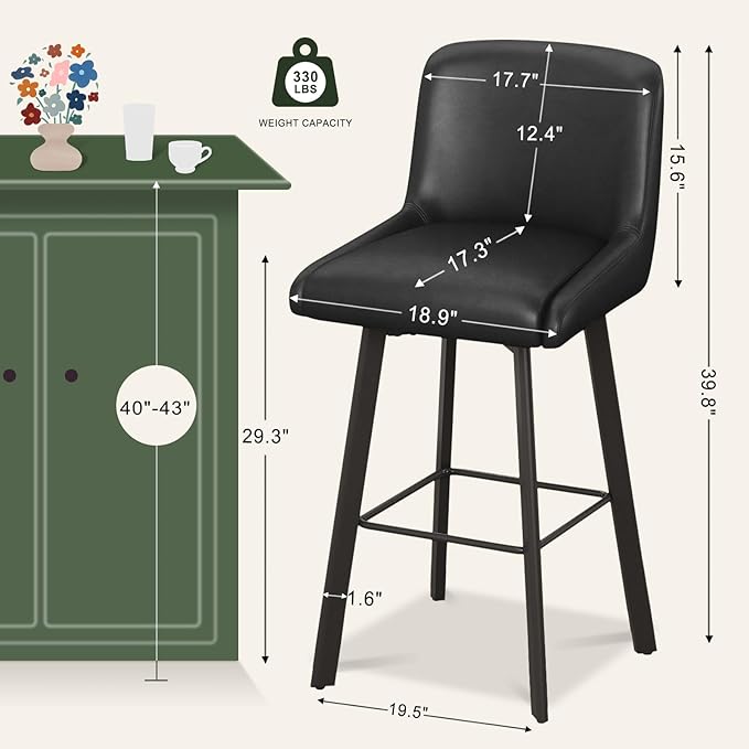 Swivel Bar Stools, 29''H Upholstered Barstools with Backs, Modern Counter Height Bar Stool Chairs for Kitchen Island, Metal Legs (Black- Faux Leather, Set of 2-29" H)