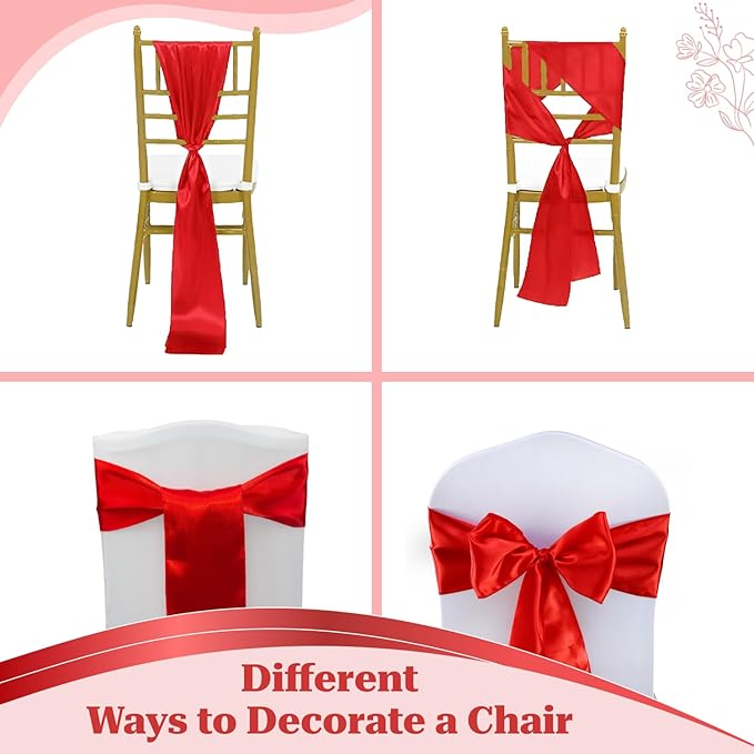 VDS Satin Chair Sashes Chair Cover Back Tie Sateen Bows Ribbon for Wedding Birthday Graduation Engagement Ceremony Event Party Banquet Venue Hotel All Dining Chair Decoration (75PC) (Red)