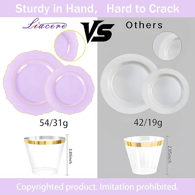 Liacere 350PCS Purple Plastic Plates - Disposable Light Purple and Gold Plates 50guest Baroque Plastic Dinnerware include 100Plates,50Pack Pre Rolled Napkins with Silverware 50Cups for Valentine’s Day