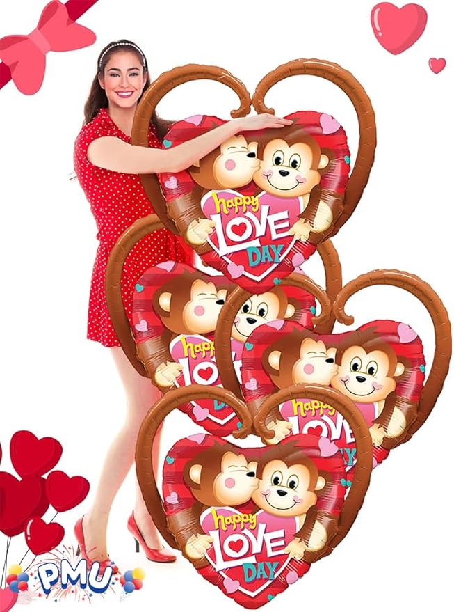 PMU Valentine's Day "Happy Love Day" Monkeys 39in Mylar-Foil Balloon 25/pkg