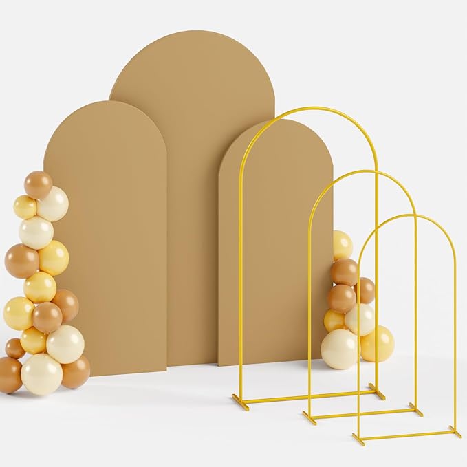 Metal Arch Backdrop Stand and Cover Set 6&6.6&7.2ft Gold Wedding Arch Frame Set of 3 Khaki Arched Cover Arches Backdrop Stand for Parties Birthday Baby Shower Reception