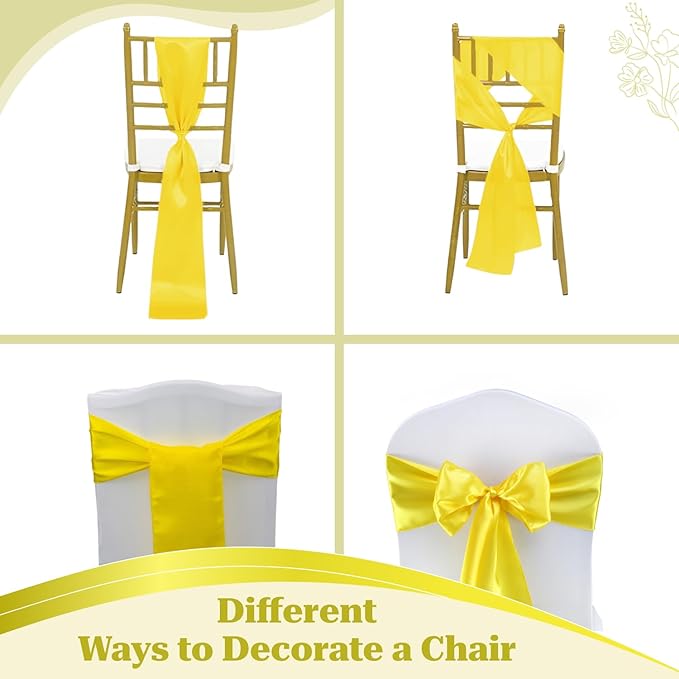 VDS Satin Chair Sashes Chair Cover Back Tie Sateen Bows Ribbon for Wedding Birthday Graduation Engagement Ceremony Event Party Banquet Venue Hotel All Dining Chair Decoration (100PC) (Yellow)