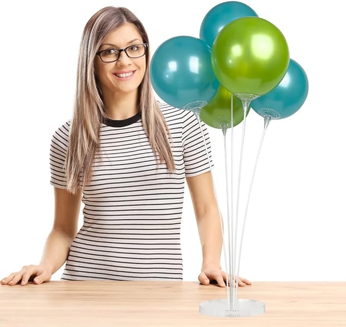 Reusable Balloon Tabletop Kit - Helium-Free Vinyl Bouquets - Lasting Inflation - Includes 5 Balloons, Stems & Acrylic Base, for Business, Schools & Events (Aqua and Lime)
