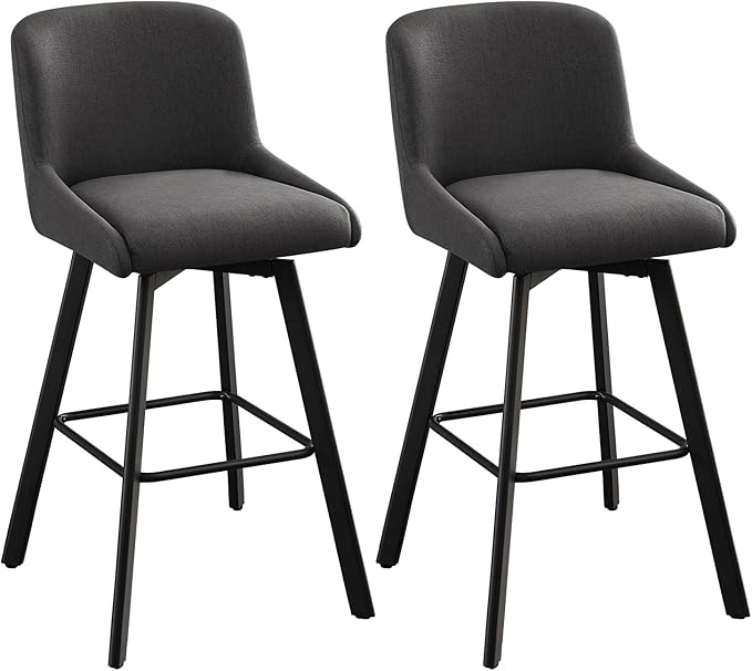 Swivel Counter Height Bar Stools Set of 2, 29''H Upholstered Barstools with Backs, Modern Bar Stool Chairs for Kitchen Island, Metal Legs, Fabric, Black Grey Stools Counter Chair