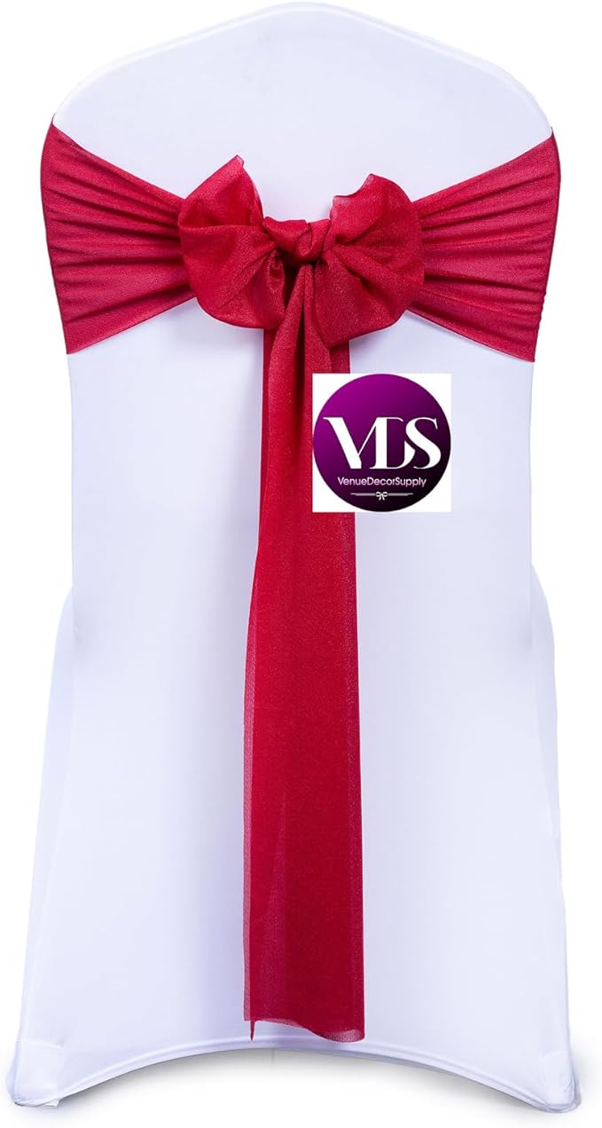 VDS Pack of 25, Apple Red, Sheer Chiffon Chair Sashes Bows Chair Cover Back Tie Ribbon for Wedding Birthday Baby Shower Engagement Ceremony Event Party Banquet Restaurant Dining Chair Decoration