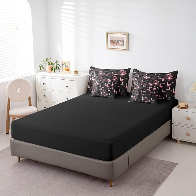 Feelyou Pink and Black Bedding Set Queen Size Light Geometric Comforter Set with Sheets 7 Piece for Kids Boys Decor Bed in a Bag Modern Style Bed Set