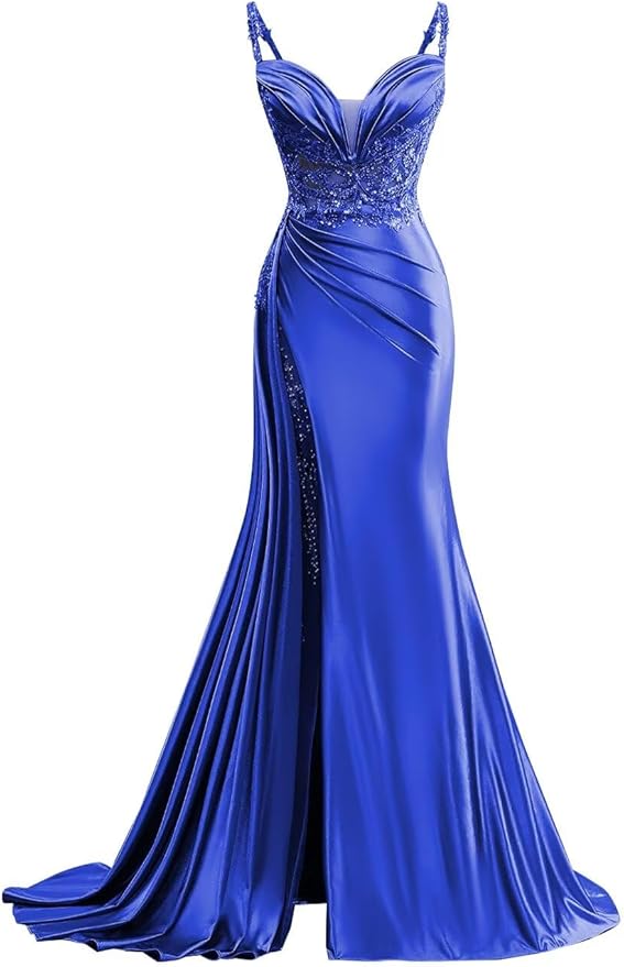 V Neck Satin Prom Dresses Long Mermaid Lace Evening Gown with Slit Pleated Bodycon Formal Dress with Tail