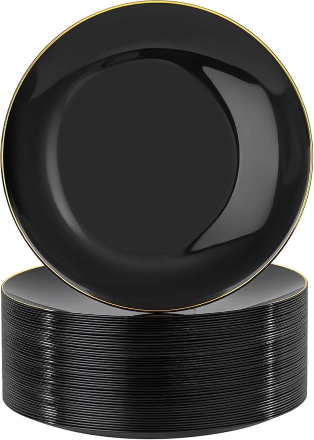 Nervure 100PCS Black and Gold Plastic Plates - 10.25 inch Black Disposable Plates - Gold Rim Dinner Plate - Black Dinner Plate Ideal for Wedding & Party