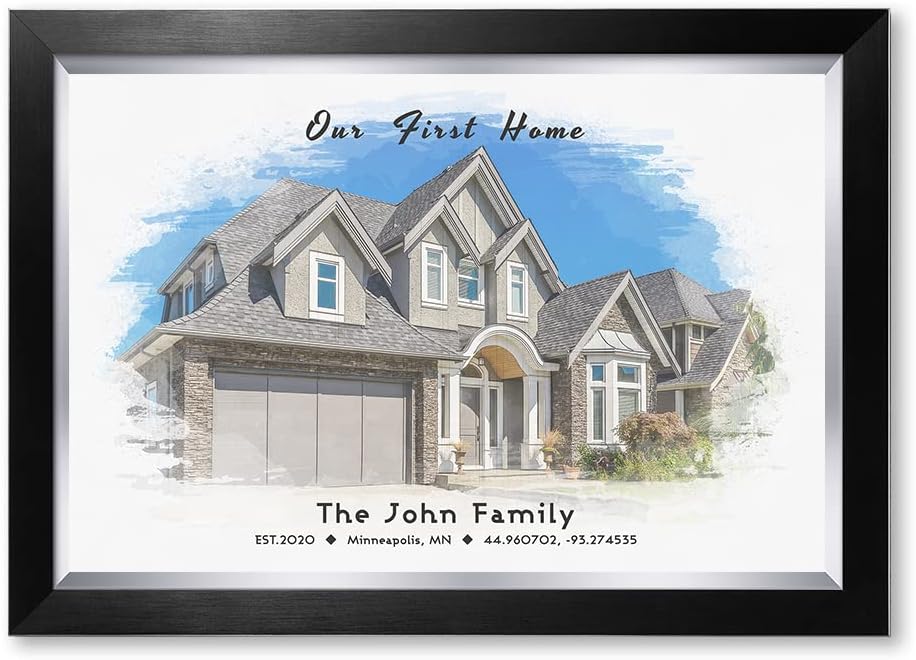 IPIC - Custom Watercolor House Portrait.Personalized Artwork with Names and Date on, Customized Gift for Anniversary,Wedding,Birthday and Holidays.Picture size: 24x16, Framed Size: 27x19