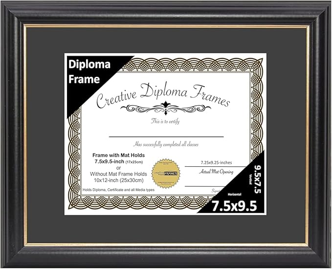 Creative Picture Frames 7.5" x 9.5" Rockefeller Black w/Gold Rim Diploma Frame, Displays 7.5" x 9.5" Certificate or 10" x 12" Document w/o Mat, College Degree Frame, Full-Strength Glass, Black Mat