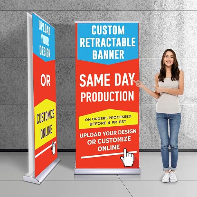 Deluxe Retractable Banner - Customizable Full Color Design Roll Up Banner with Carry On Case (Customizable, 33.5”x80” Deluxe Double Sided)