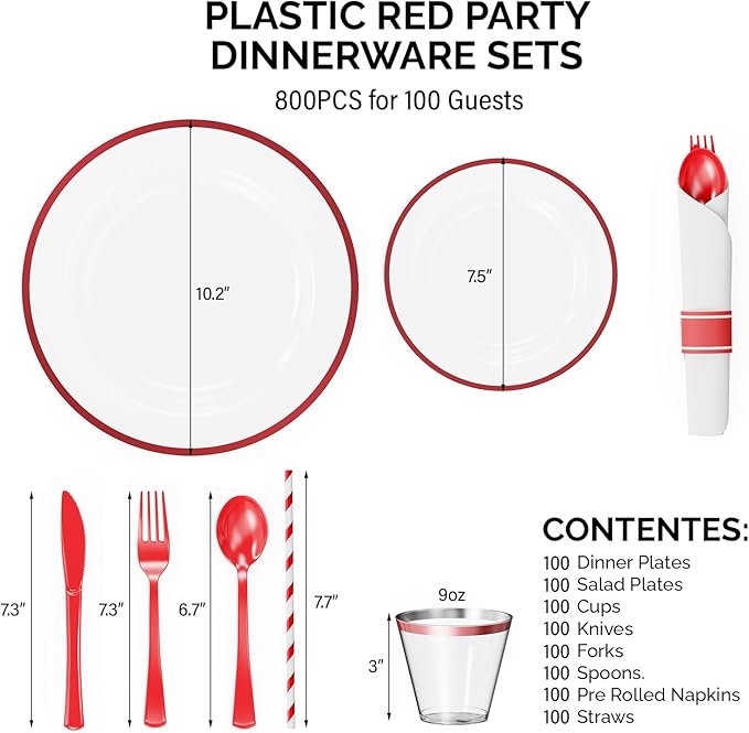ROVSUN 800 Piece Blue Disposable Dinnerware Set for 100 Guests, Clear Plastic Plates for Party, 100 Pre-Rolled Napkins,Silverware,Dinner & Dessert Plates,Cups,Straws for Wedding Birthday Event