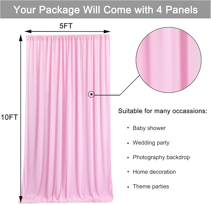 20 ft x 10 ft Wrinkle Free Baby Pink Backdrop Curtain for Parties, 4 Panels 5ftx10ft Polyester Photo Backdrop Drapes for Baby Shower Birthday Party Photography Wedding Backdrop Stand