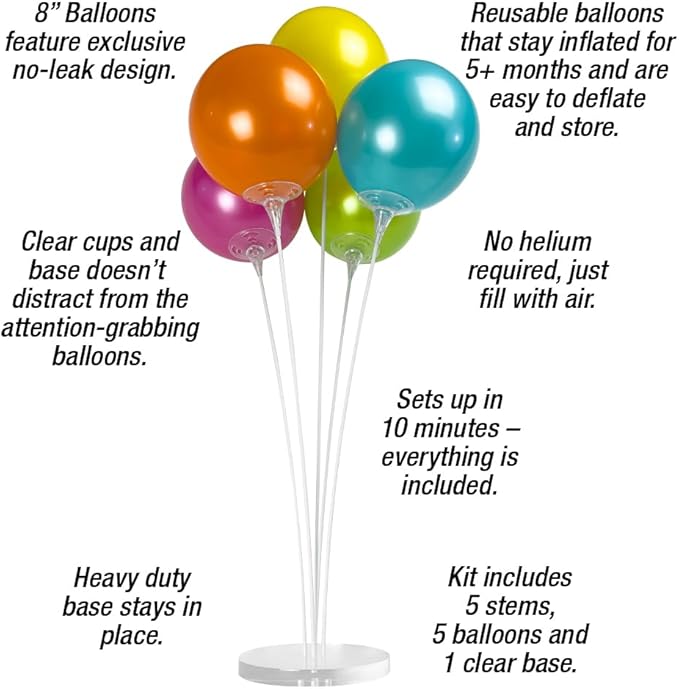 Reusable Balloon Tabletop Kit - Helium-Free Vinyl Bouquets - Lasting Inflation - Includes 5 Balloons, Stems & Acrylic Base, for Business, Schools & Events (Fiesta)