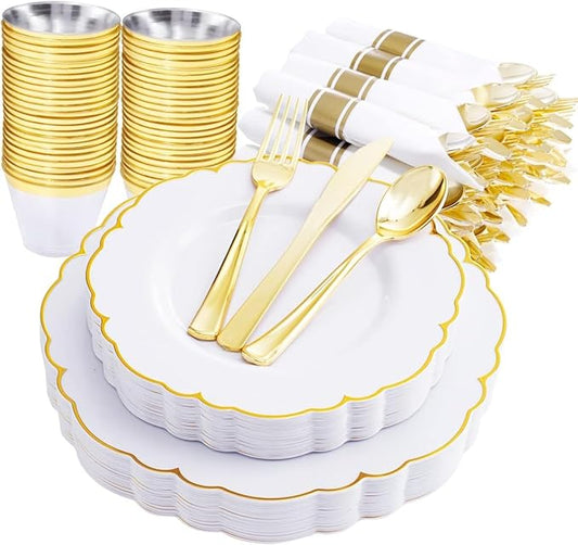 Morejoy 175PCS Gold Plastic Plates，White Gold Disposable Plates with Pre Rolled Napkins:25 Dinner Plates,25 Dessert Plates,25 Spoons,25 Forks,25Knives,25Cups,25Napkins for Party & Christmas