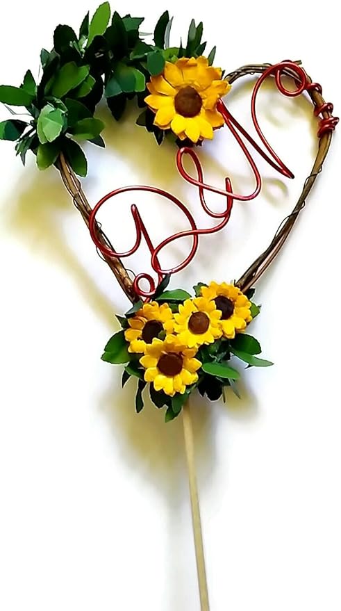 Personalized Sunflower Cake Topper – Rustic Heart Wedding Cake Topper with Custom Wire Name for Bride & Groom, Boho Country Wedding, Farmhouse Ceremony Keepsake Decor