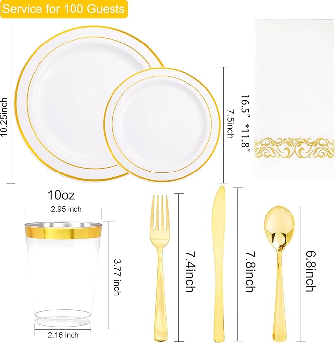 I00000 700Pcs Gold Dinnerware Set for 100 Guests, Plastic Plates for Party, Include: 100 Rim Dinner Plate, 100 Dessert Plate, 100 Paper Napkins, 100 Cups, 100 Gold Plastic Silverware Set