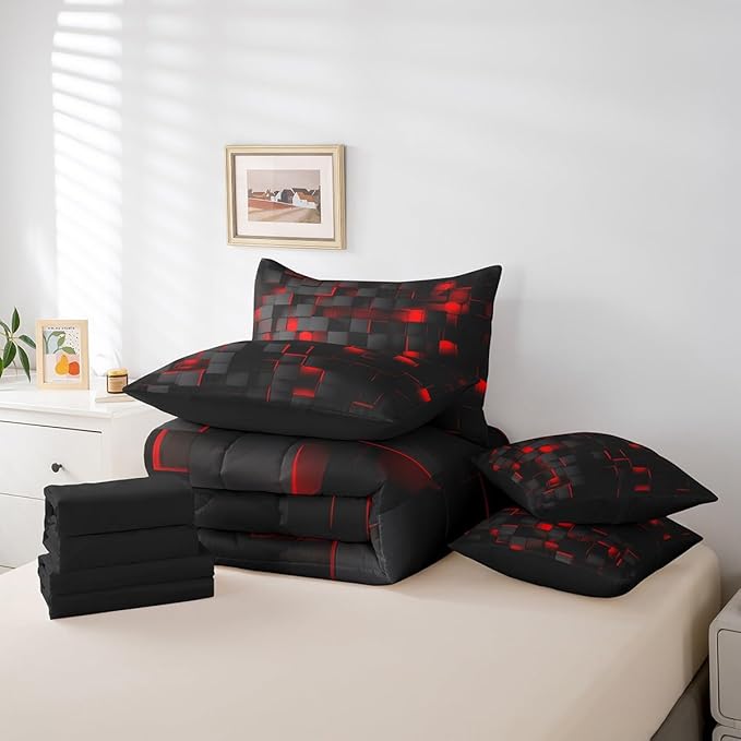 Feelyou Red and Black Bedding Set King Size Light Geometric Comforter Set with Sheets 7 Piece for Kids Boys Decor Bed in a Bag Modern Bed Set