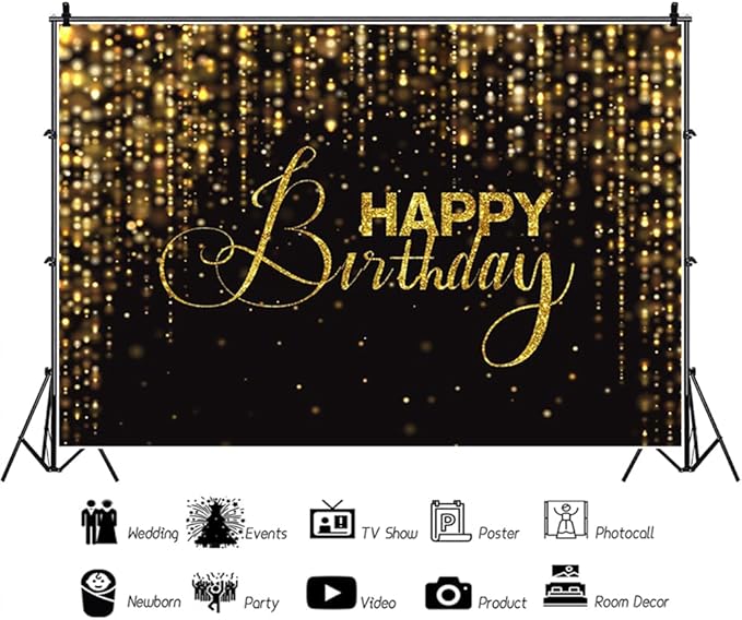 Happy Birthday Backdrop for Photography 12x10ft Luxury Black and Gold Birthday Party Backdrop Background Banner Bokeh Glitter Men Birthday Party Decorations Supplies Wallpaper Studio Props