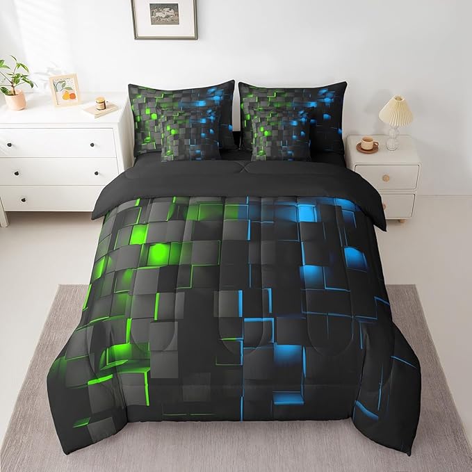 Feelyou Green and Blue Bedding Set Full Size Kids Light Geometric Comforter Set with Sheets 7 Piece Bed in a Bag forModern Bed Set with Comforter,Sheets,Pillowcases,Cushion Covers