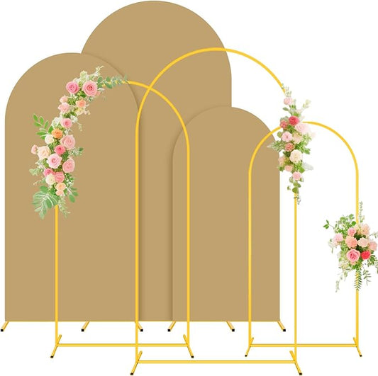 Metal Backdrop Arch Stand Set of 3 with Brown Spandex Arch Covers Stretchy Backdrop 6FT, 5FT, 4FT Stable Balloon Arch Frame Stand Backdrops and Arch Stands Cover for Wedding Ceremony Grad Party Decor