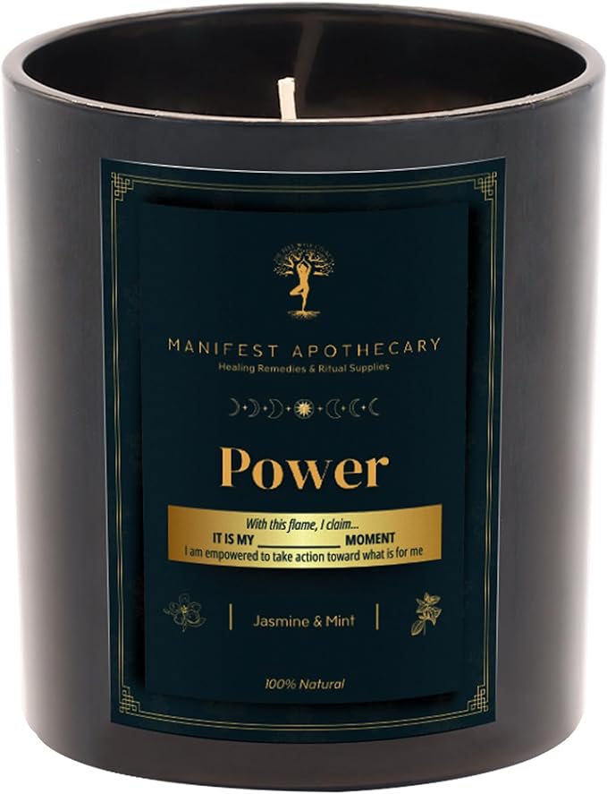 Power Aromatherapy Candle – Jasmine & Mint Scent with Pyrite Crystals – Hand-Poured Soy Candle for Confidence, Courage & Energy Alignment by Manifest Apothecary- Green (Power)