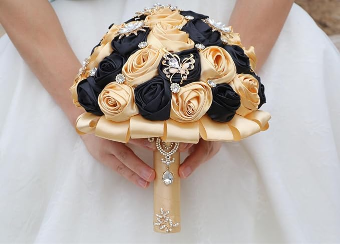 Khaki Black Wedding Bouquet Handmade with Luxury Gold Rhinestone Brooch for Bride Bridesmaid Quinceanera Satin Rose Flower Bridal Bouquet Wedding Black and Khaki 7.5in