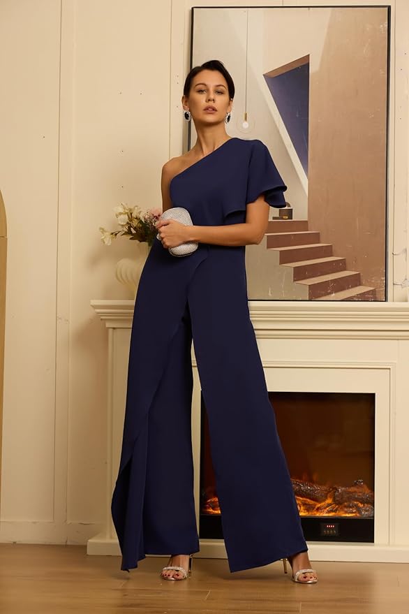 Mother of The Bride Jumpsuit Chiffon One Shoulder Ruffles Wedding Guest Pantsuit for Women