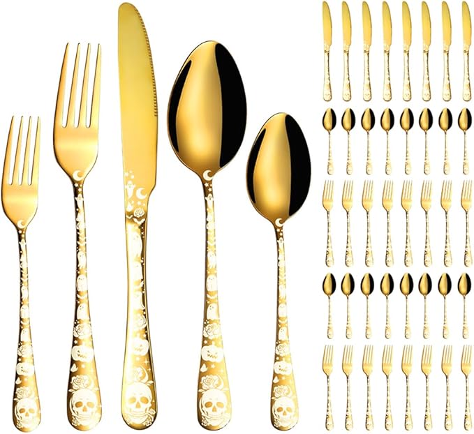 XIAOYU 40 Piece Halloween Gothic Skull Pattern Silverware Set, Stainless Steel Flatware Set for 8, Tableware Cutlery Set with Unique Skull Design, Perfect for Halloween Easter and Christmas, Gold
