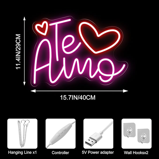 Te Amo Neon Sign for Wall Decor, Romantic Handwritten LED Neon Light for Bedroom & Romantic Night, Heartfelt Neon Wall Art for Anniversary & Valentine’s Day Decor 15.8"x11.4"