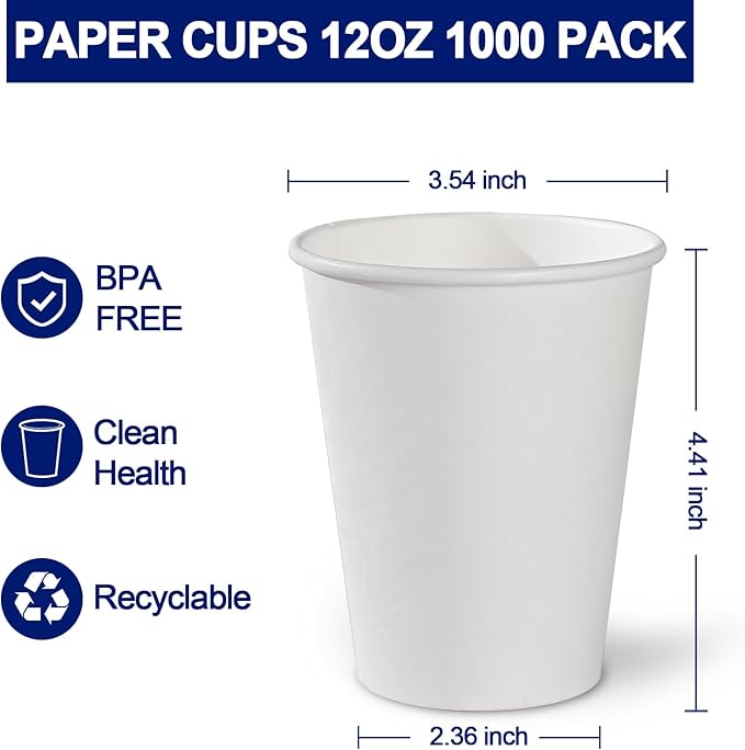 1000 Count - 12 oz Paper Coffee Cups, Disposable Coffee Cups 12 oz, Thickened White Paper Cups for Hot or Cold Beverage, Home, Office, Party, Business, Events