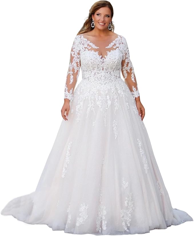 Plus Size Wedding Dresses for Bride Long Sleeve Wedding Bridal Gowns with Lace Appliques Off Shoulder Bride Dress
