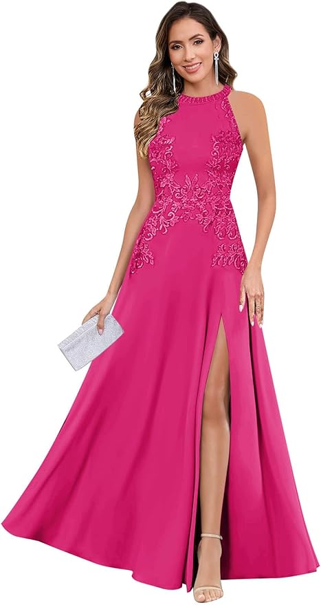 GUKARLEED Halter Lace Appliques Mother of The Bride Dresses for Women Long A-line Formal Wedding Guest Dress with Slit