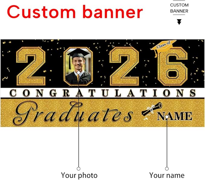 Custom Graduation Garage Door Banner Decoration 7x16ft with Photo Congrats Garage Door Cover 2026 Party Photo Booth Backdrop Party Supplies(Gold)